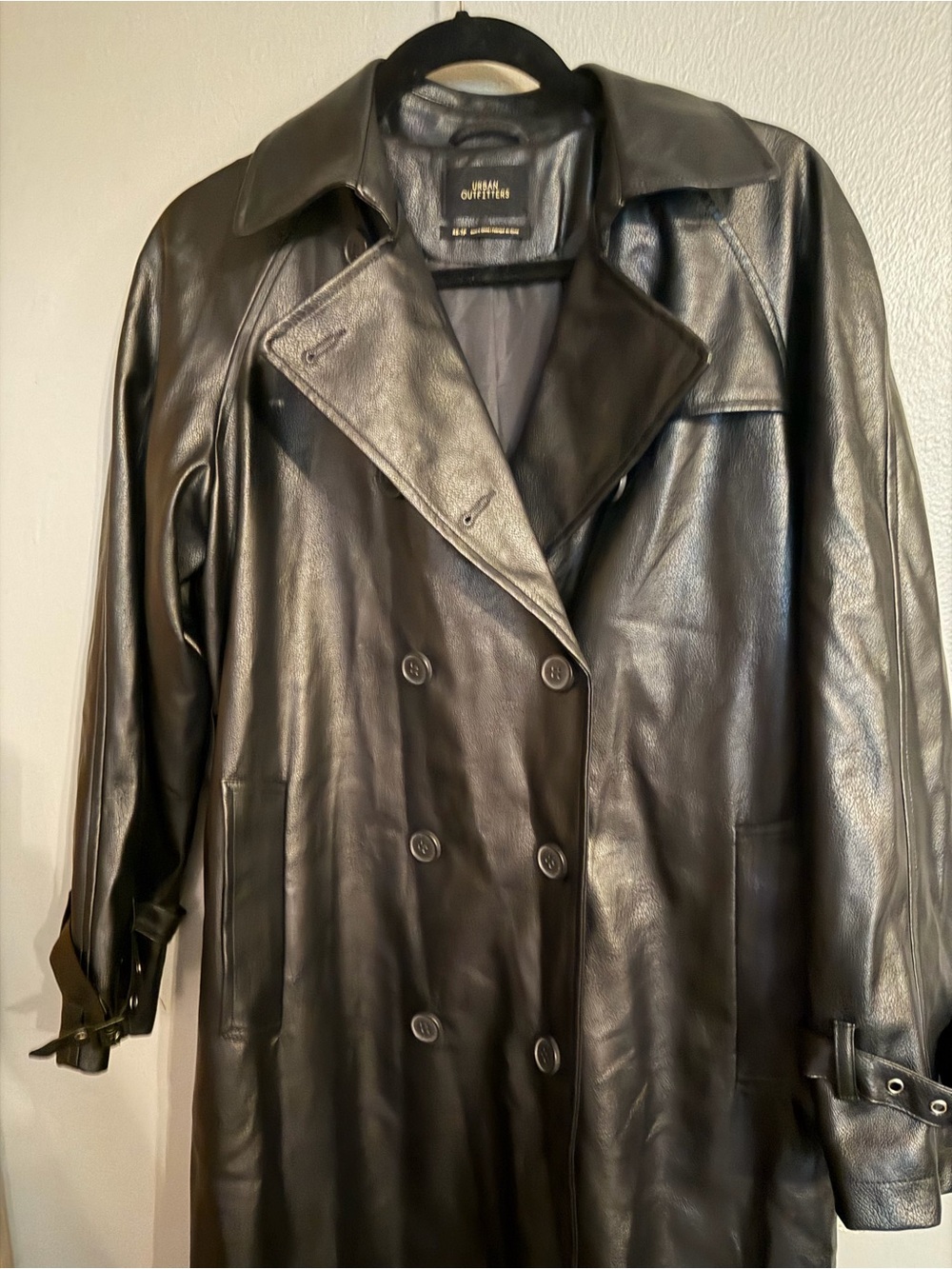 Urban Outfitters Black Leather Double-Breasted Trench Coat